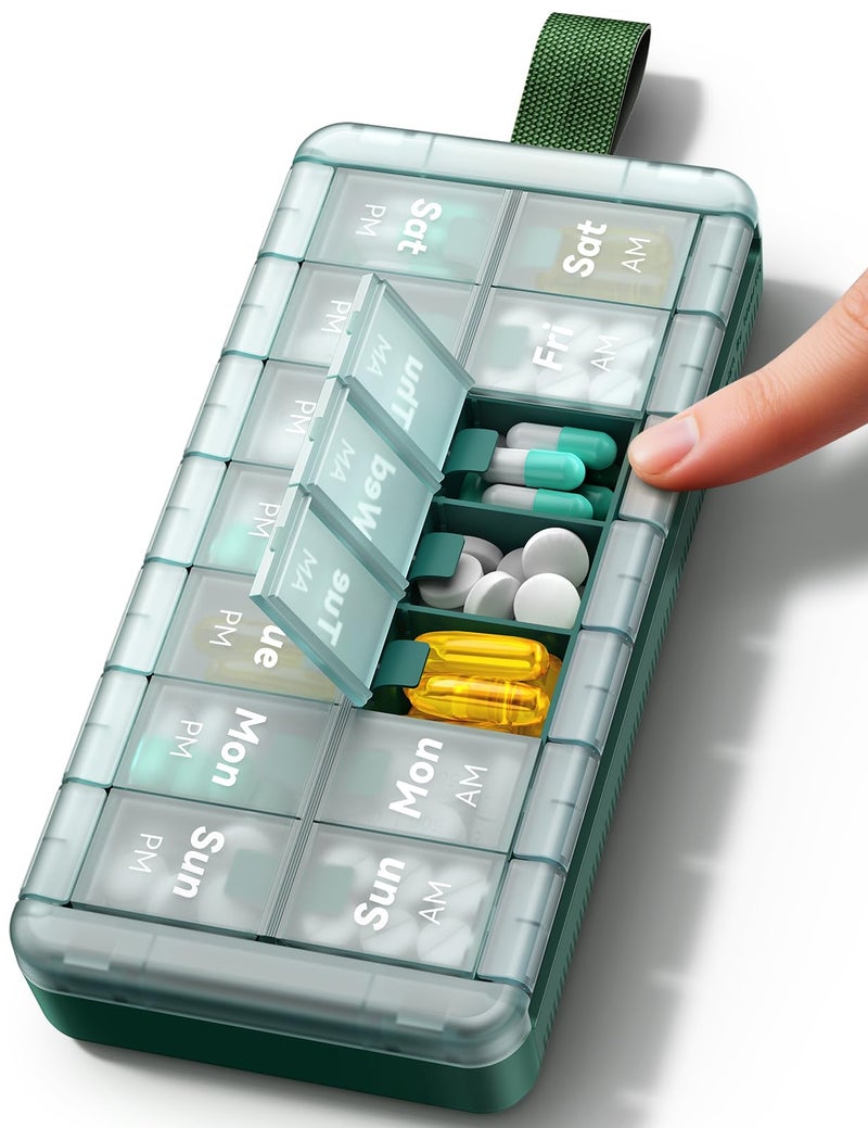 Weekly Pill Organiser AM PM 7 Day Pill Box Twice a Day with Fabric Carry Loop, Matte Opaque Lids & Moisture-Proof Storage â€“ Travel Medicine Case by Ideerfit (Dark Green)